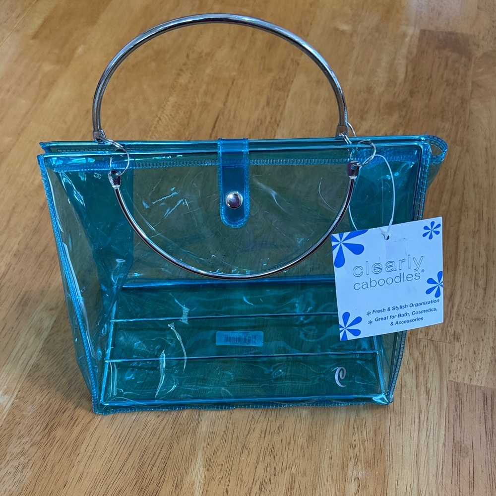 NWT Clearly Caboodles Transparent Blue Handbag Metal Carrying Handles Metal Form